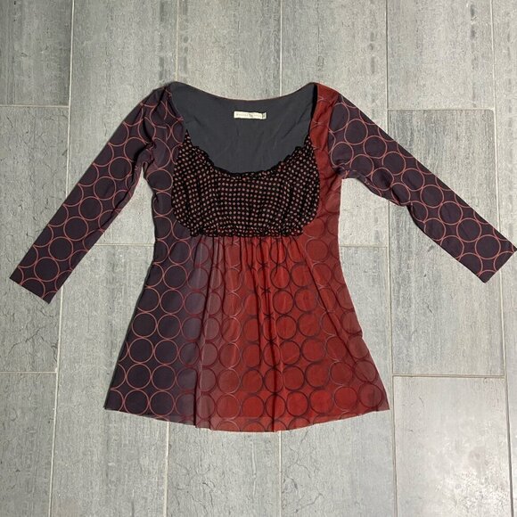 Weston Wear Silk 3/4 Sleeve Geometric Printed Ruched Top Blouse Red/Brown Size S - Picture 1 of 8